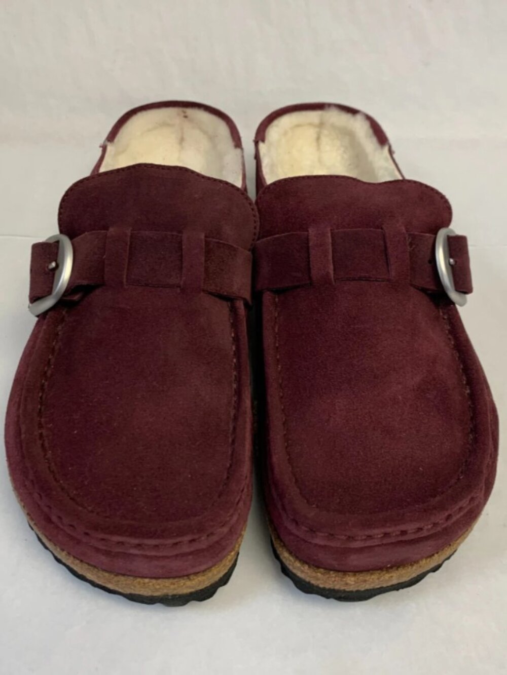 Birkenstock Buckley Shearling Maroon Suede Leather Narrow Width Clogs
